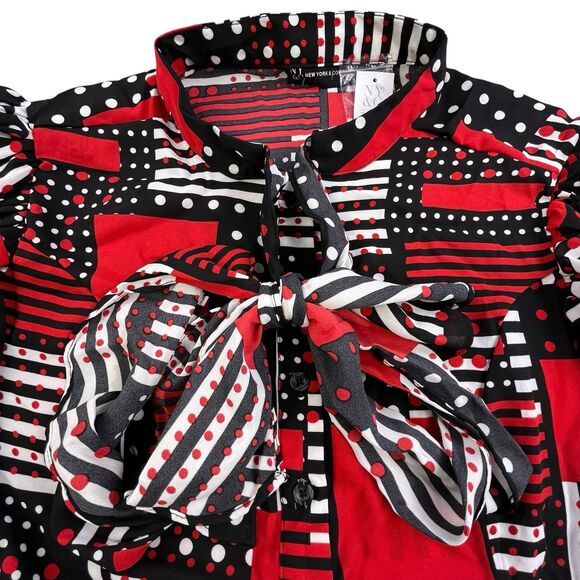 NY&C Peplum Waist Blouse Size XL Red Black Geometric Neck Bow Balloon Sleeve NEW - Picture 5 of 12
